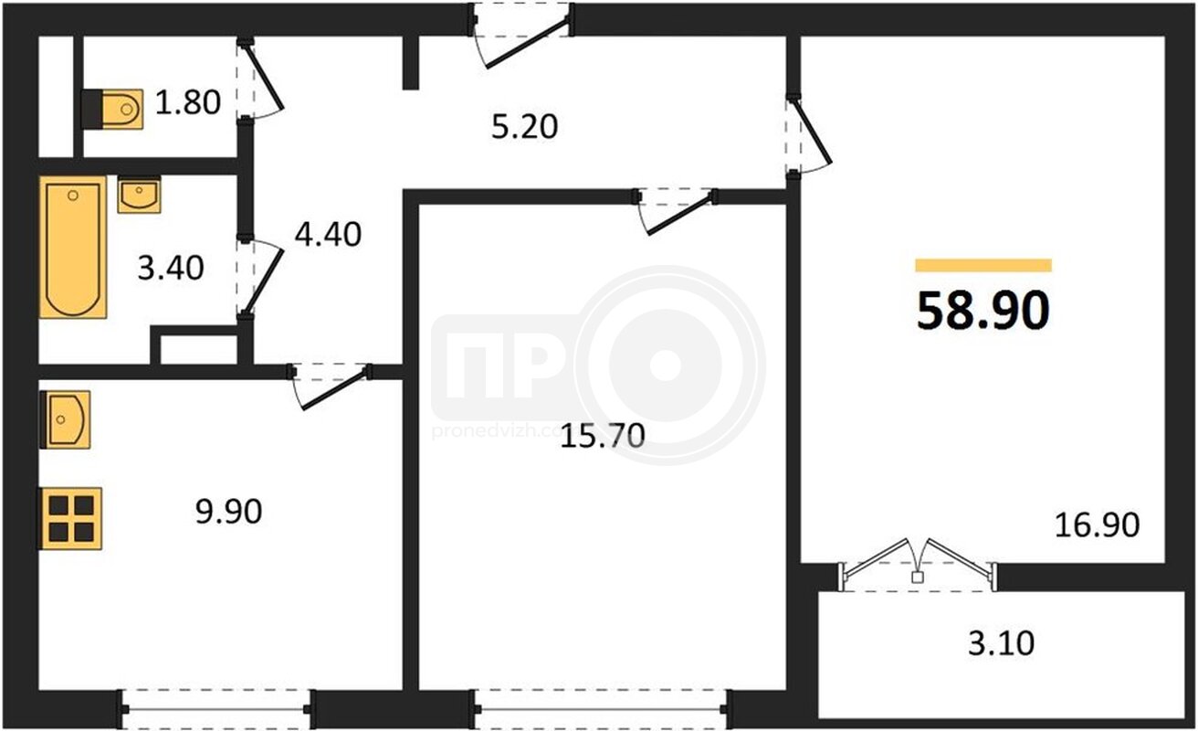 2-комнатная квартира, 58.9кв.м