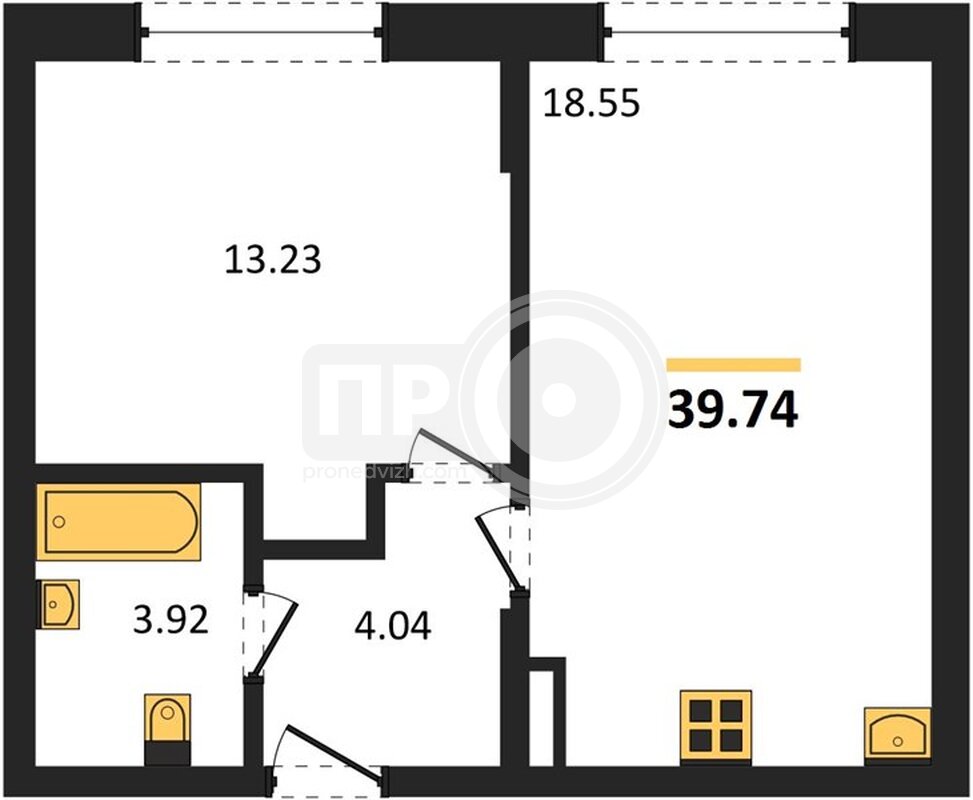 1-комнатная квартира, 39.74кв.м