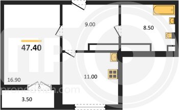 Миниатюра 1-комнатная квартира, 47.4кв.м