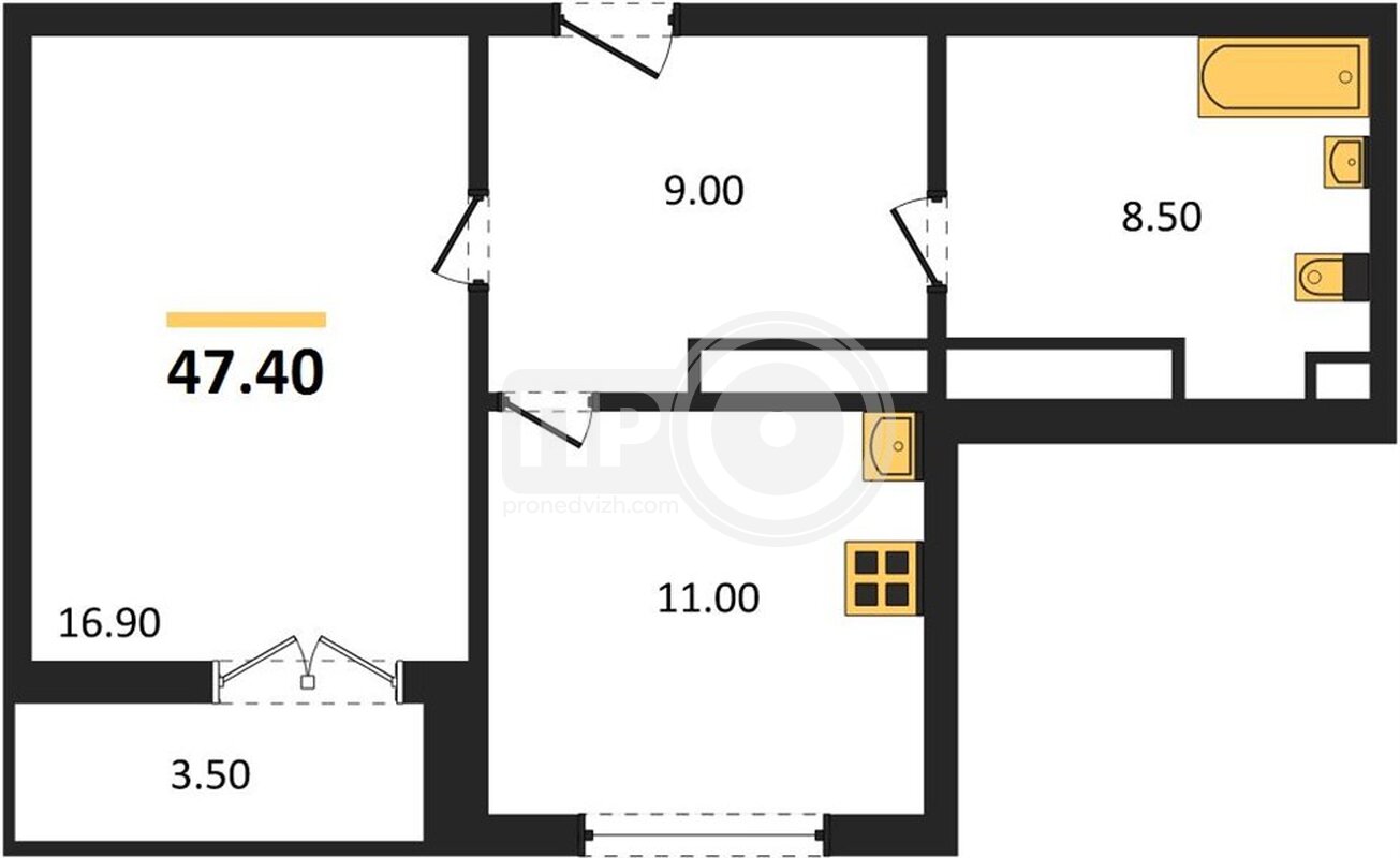 1-комнатная квартира, 47.4кв.м