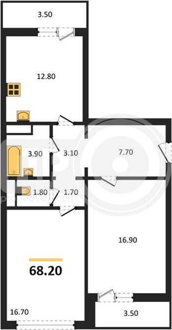 Миниатюра 2-комнатная квартира, 68.2кв.м