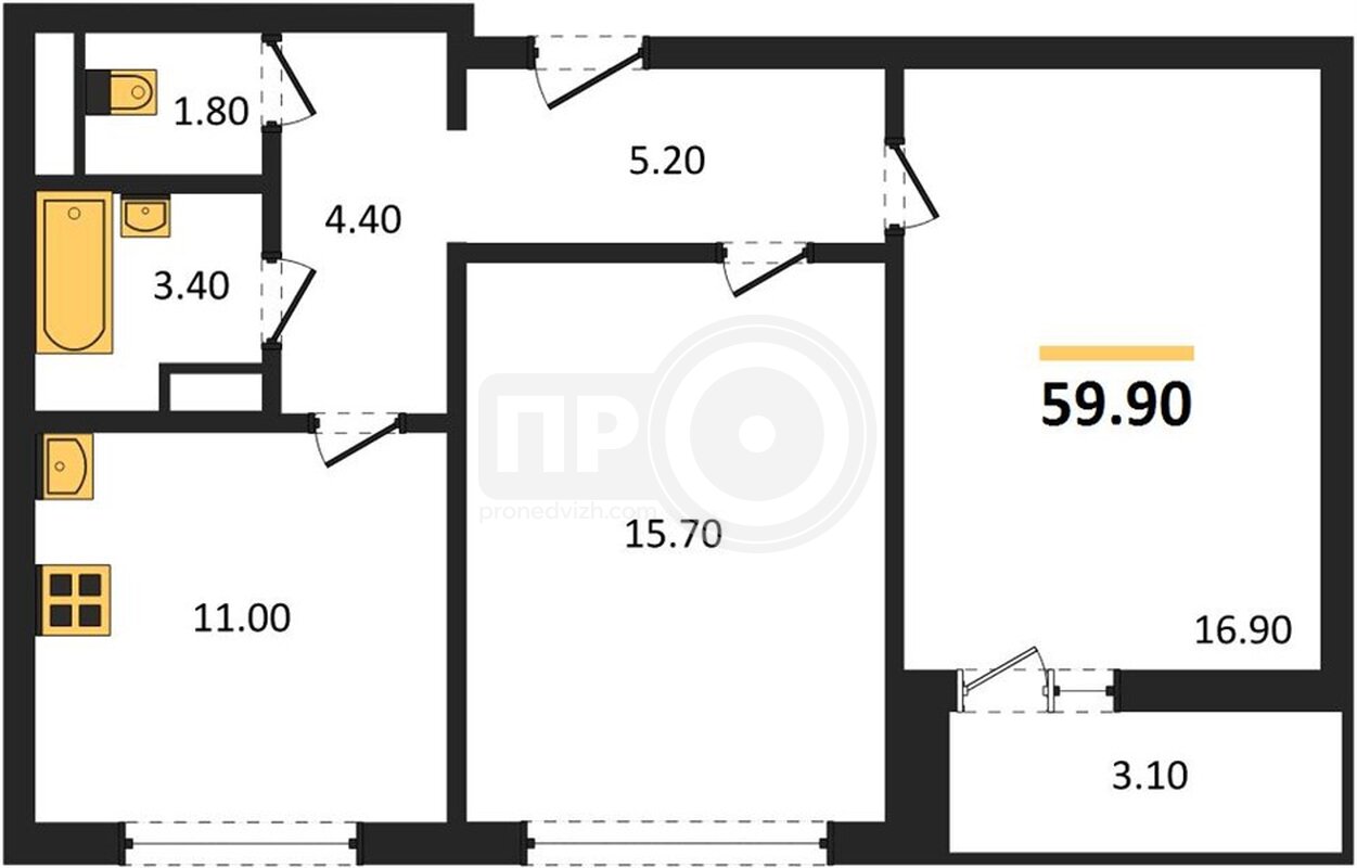 2-комнатная квартира, 59.9кв.м