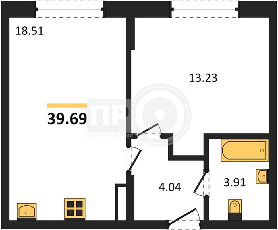 1-комнатная квартира, 39.69кв.м