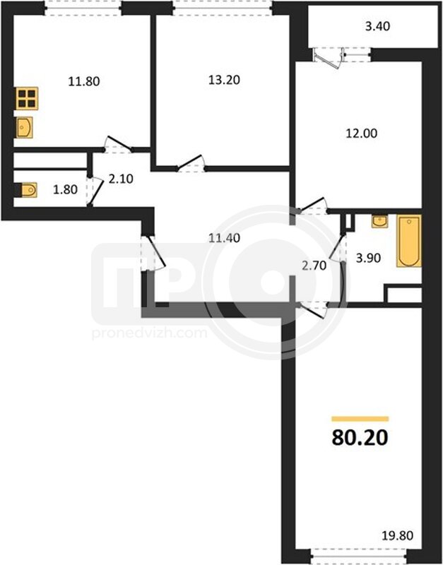 3-комнатная квартира, 80.2кв.м