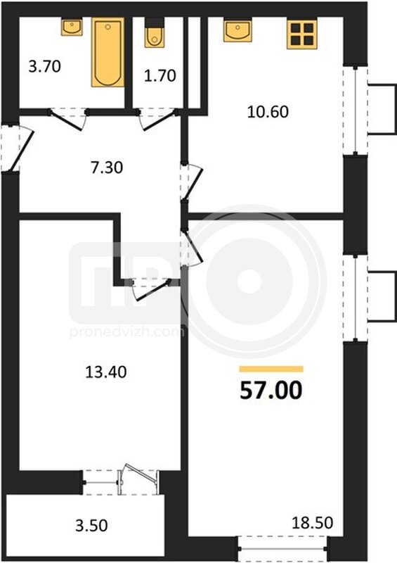 2-комнатная квартира, 57кв.м