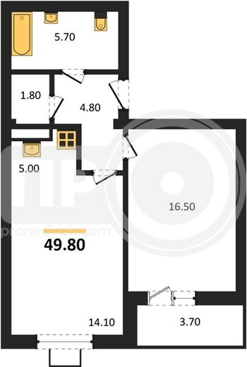 Миниатюра 1-комнатная квартира, 49.8кв.м