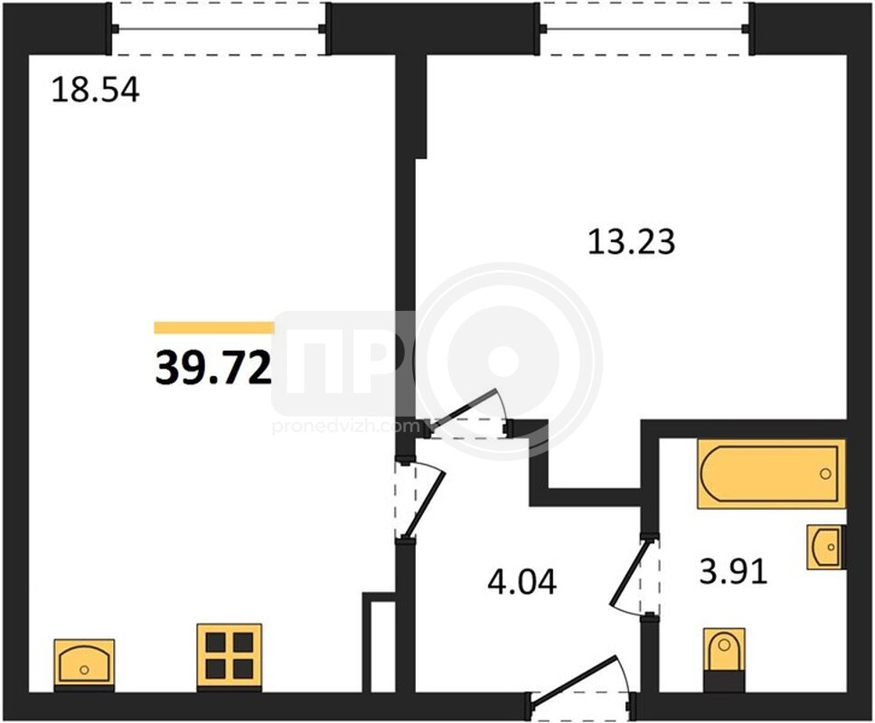 1-комнатная квартира, 39.72кв.м