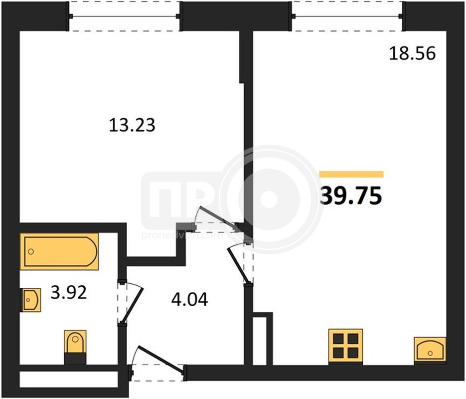 1-комнатная квартира, 39.75кв.м