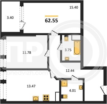 Миниатюра 2-комнатная квартира, 62.55кв.м