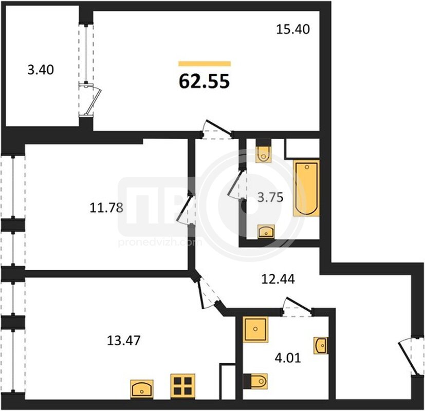 2-комнатная квартира, 62.55кв.м
