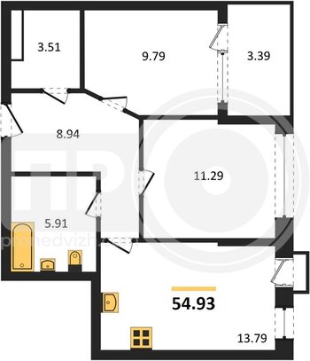 Миниатюра 2-комнатная квартира, 54.93кв.м