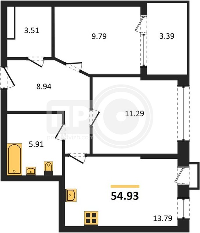 2-комнатная квартира, 54.93кв.м