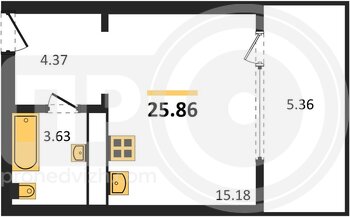 Миниатюра 1-комнатная квартира, 25.86кв.м