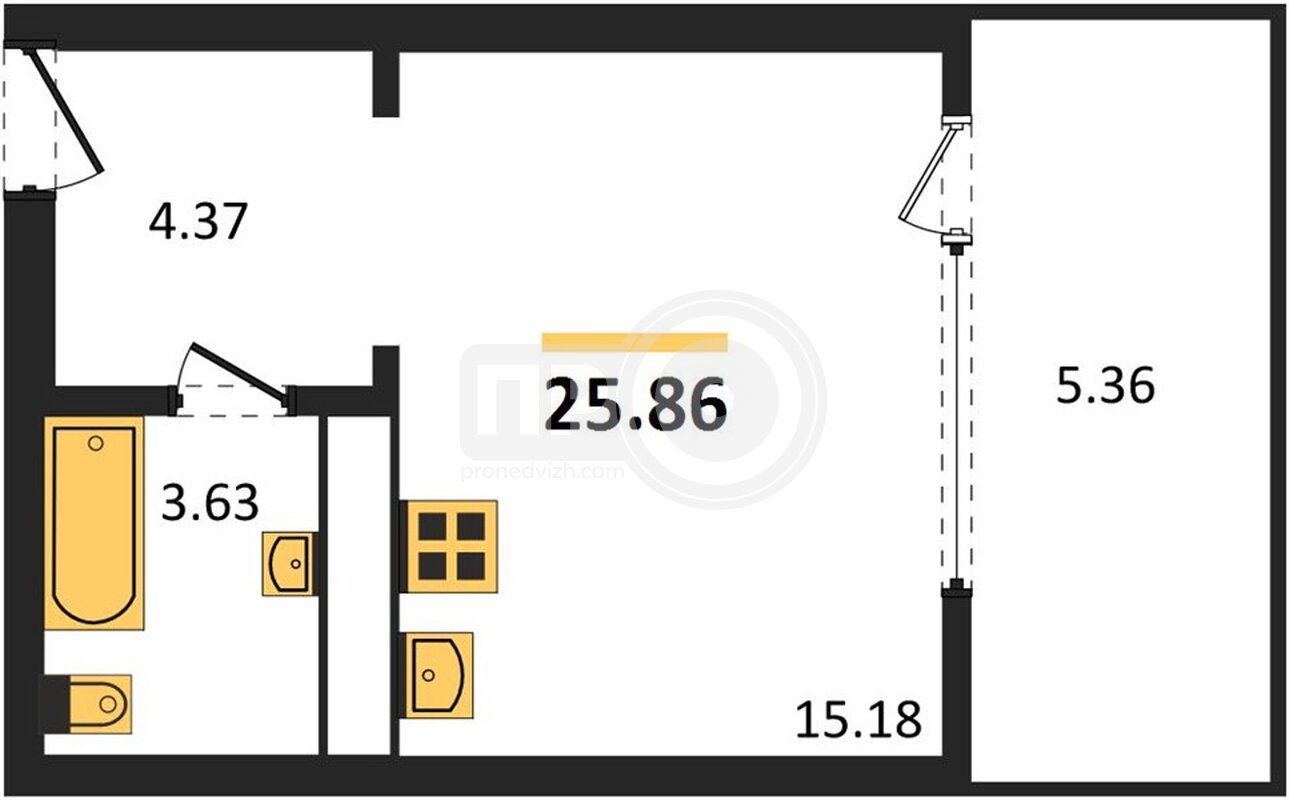 1-комнатная квартира, 25.86кв.м