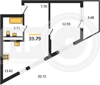 Миниатюра 1-комнатная квартира, 39.79кв.м