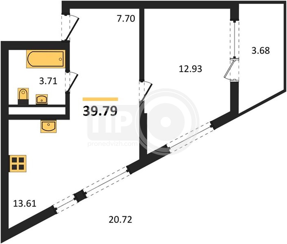 1-комнатная квартира, 39.79кв.м