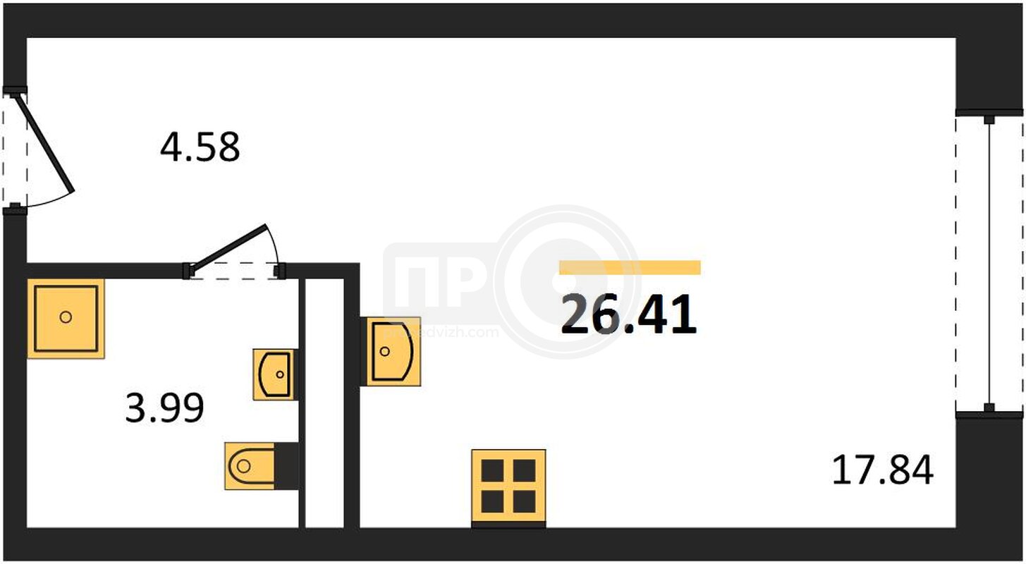 1-комнатная квартира, 26.41кв.м
