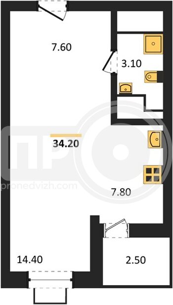 Миниатюра 1-комнатная квартира, 34.2кв.м