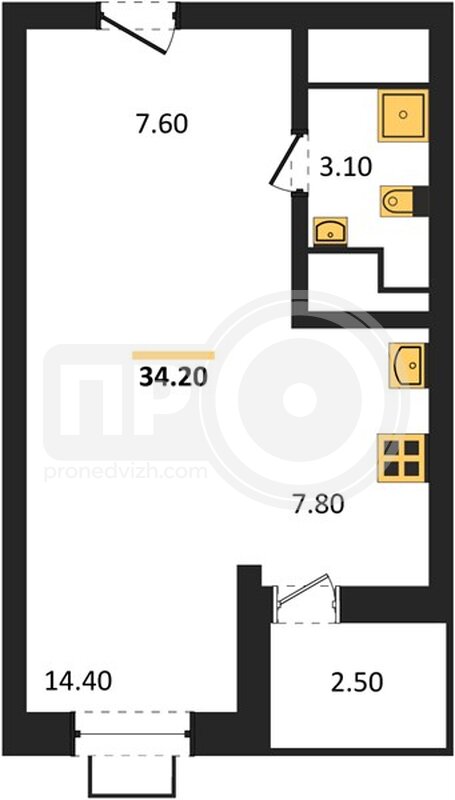 1-комнатная квартира, 34.2кв.м