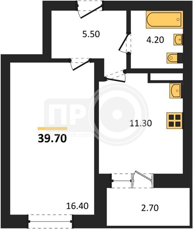 1-комнатная квартира, 39.7кв.м