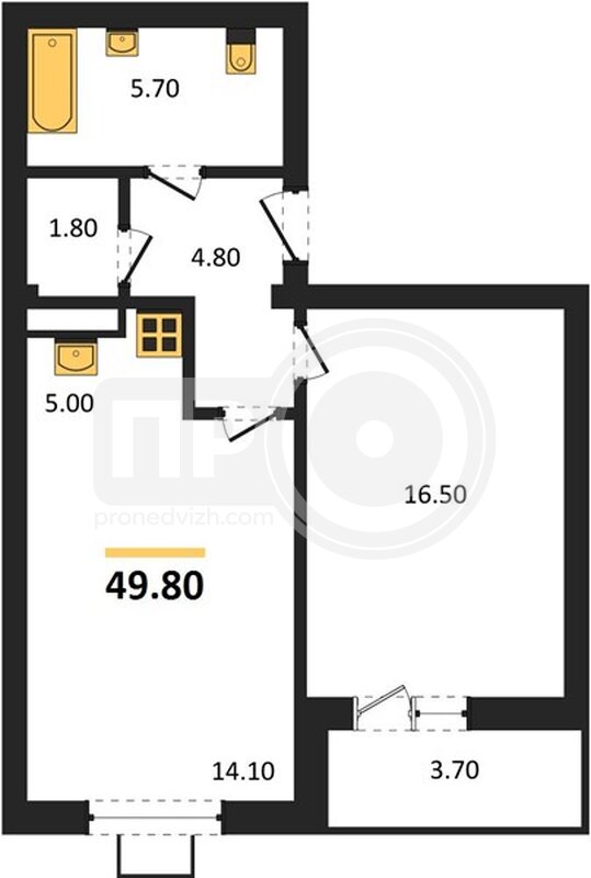1-комнатная квартира, 49.8кв.м