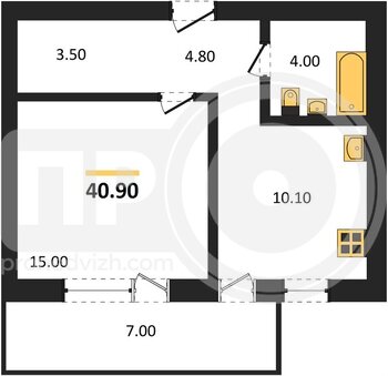 Миниатюра 1-комнатная квартира, 40.9кв.м