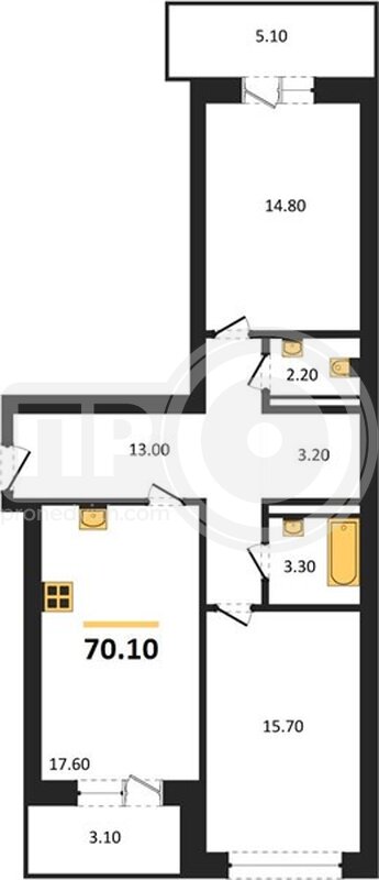 2-комнатная квартира, 73.9кв.м
