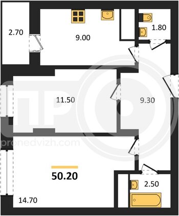 Миниатюра 2-комнатная квартира, 50.2кв.м