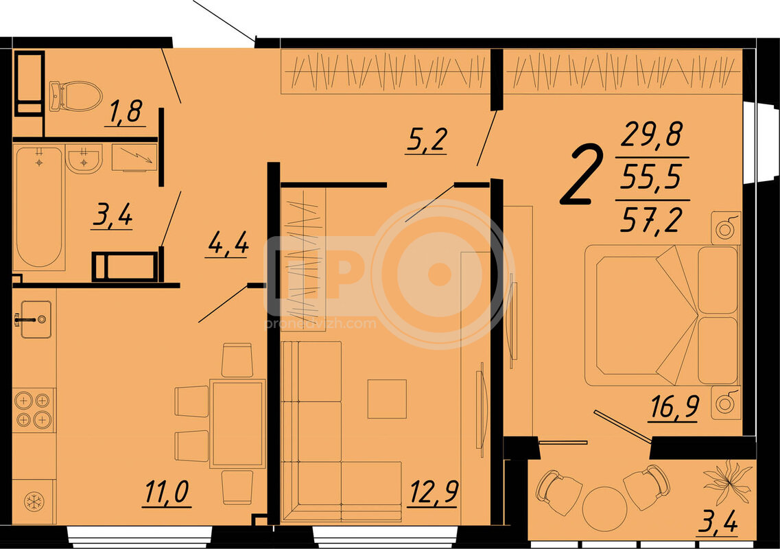 2-комнатная квартира, 57.2кв.м