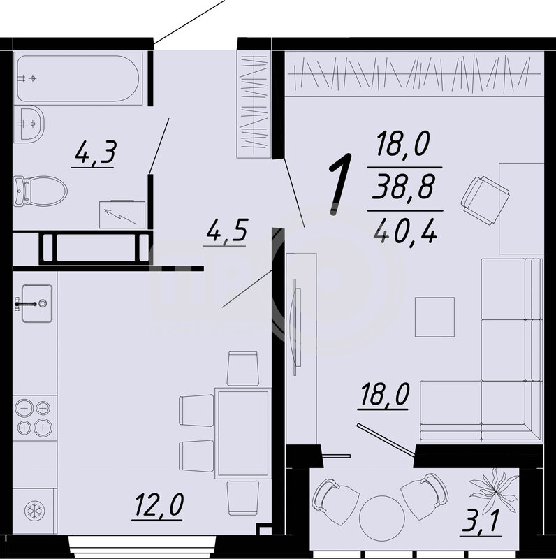 1-комнатная квартира, 40.4кв.м