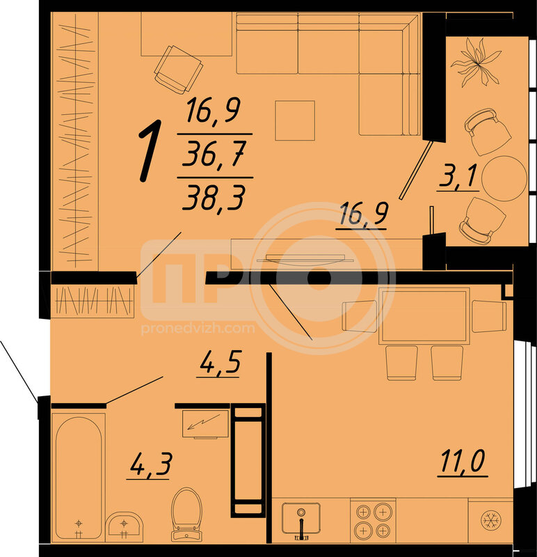 1-комнатная квартира, 38.3кв.м