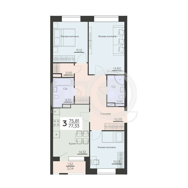 3-комнатная квартира, 77.33кв.м