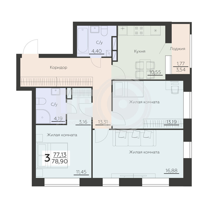 3-комнатная квартира, 78.9кв.м
