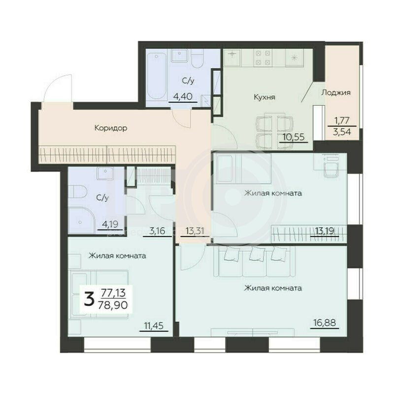 3-комнатная квартира, 78.9кв.м