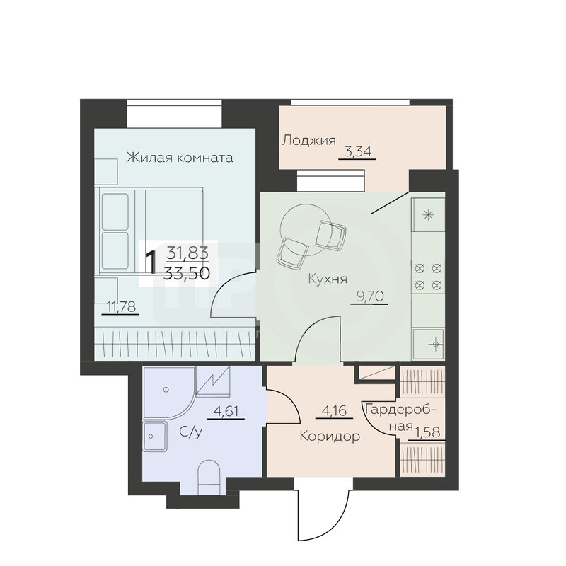 1-комнатная квартира, 33.5кв.м