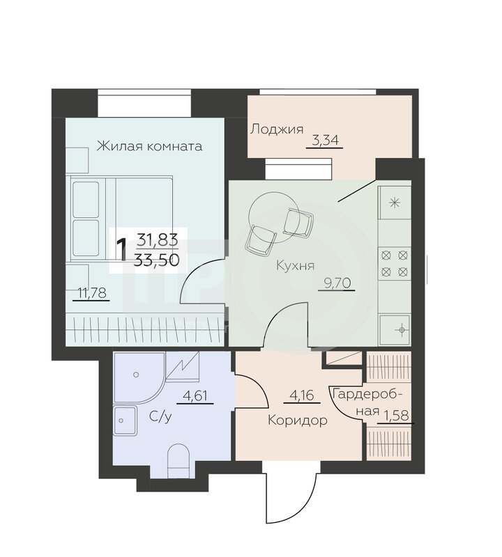 1-комнатная квартира, 33.5кв.м