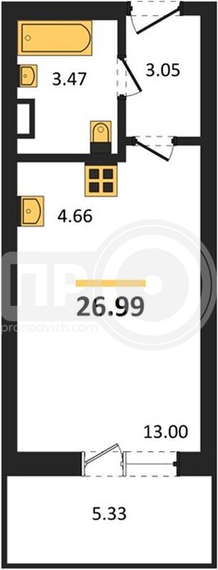 1-комнатная квартира, 26.99кв.м