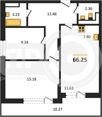 Миниатюра 2-комнатная квартира, 66.25кв.м