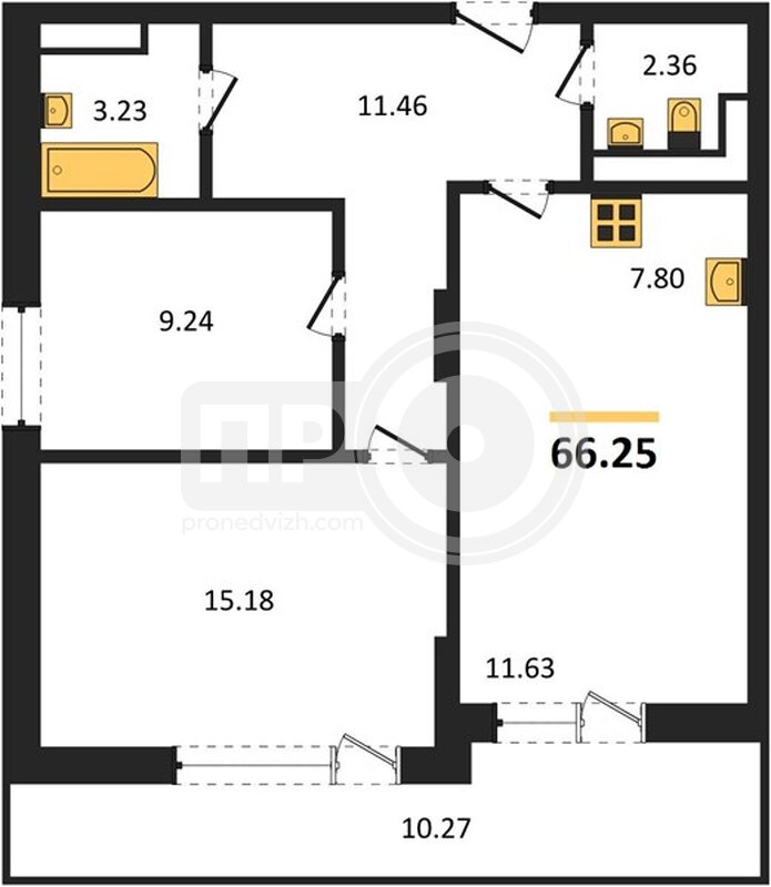 2-комнатная квартира, 66.25кв.м