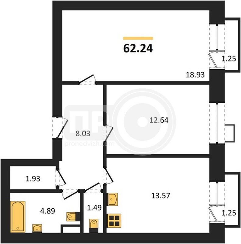 2-комнатная квартира, 62.24кв.м