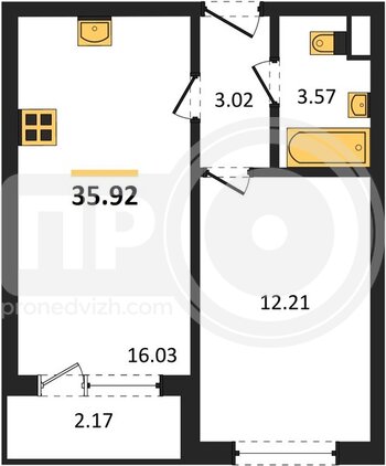 Миниатюра 1-комнатная квартира, 35.92кв.м