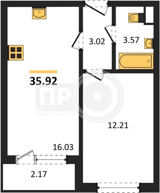 1-комнатная квартира, 35.92кв.м