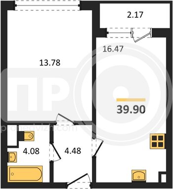 Миниатюра 1-комнатная квартира, 39.9кв.м