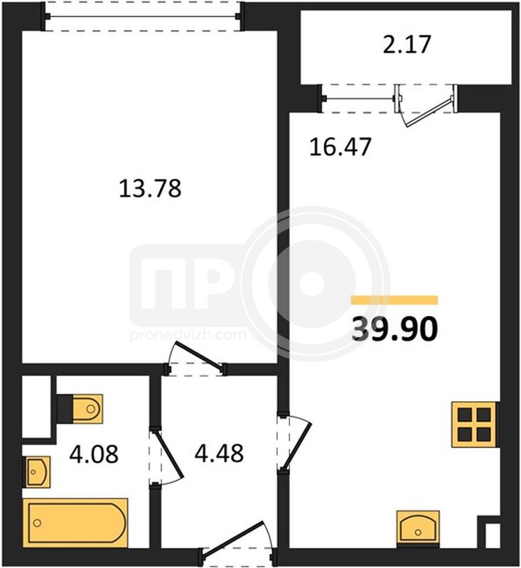 1-комнатная квартира, 39.9кв.м