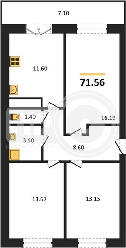 3-комнатная квартира, 71.56кв.м