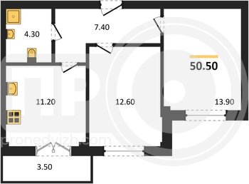 Миниатюра 2-комнатная квартира, 50.5кв.м