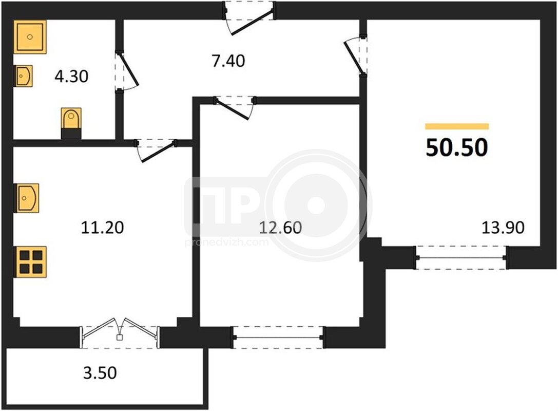 2-комнатная квартира, 50.5кв.м