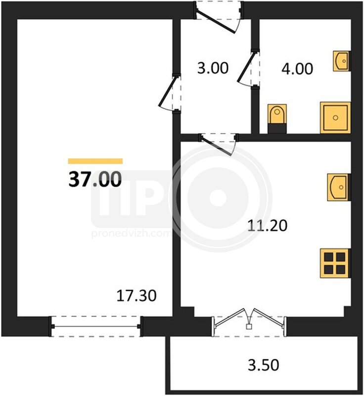 1-комнатная квартира, 37кв.м