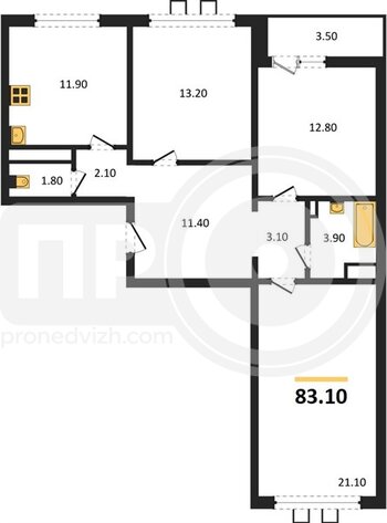 Миниатюра 3-комнатная квартира, 83.1кв.м