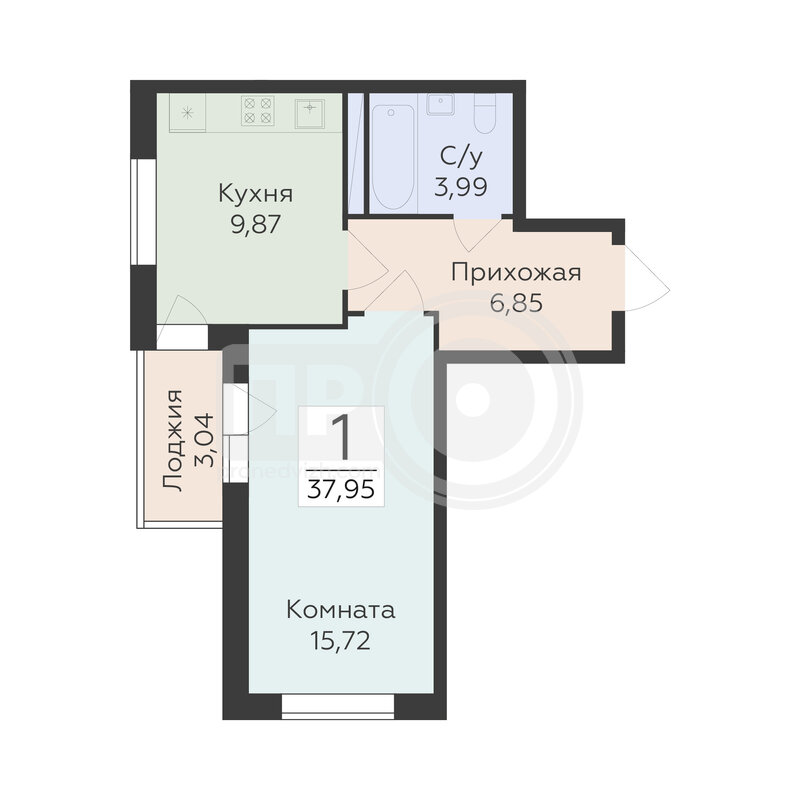 1-комнатная квартира, 37.95кв.м